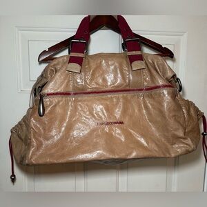 Vtg Francesco Biasia‎ Large Tan & Burgundy Overnight Duffle Bag Heavy Hardware.